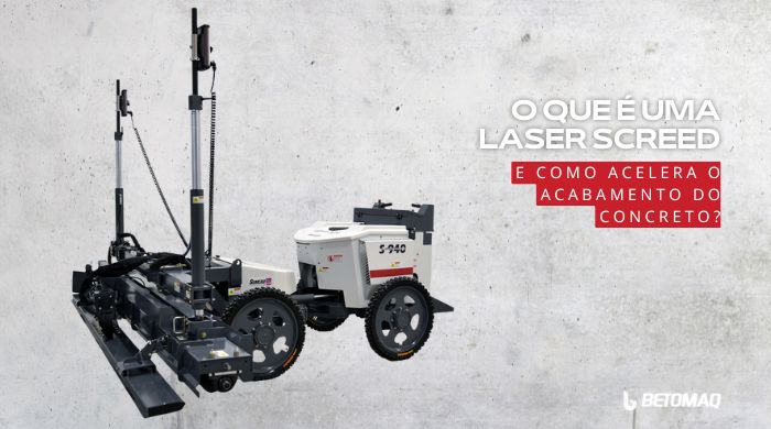 Máquina Laser Screed utilizada para nivelamento de concreto, posicionada sobre fundo vermelho, destacando-se por sua tecnologia avançada e eficiência no acabamento de superfícies.