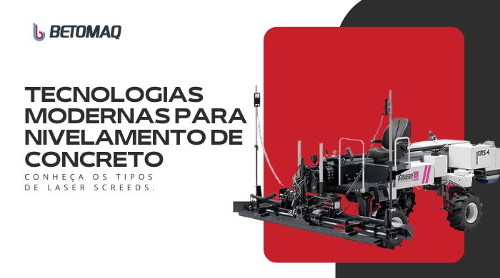 Máquina SRS-4 em destaque com fundo vermelho e preto, acompanhada do texto "Tecnologias modernas para nivelamento de concreto. Conheça os tipos de Laser Screeds".