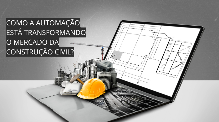 Ilustração de um notebook com projetos de engenharia na tela, um capacete de segurança e prédios surgindo, simbolizando construção e tecnologia.