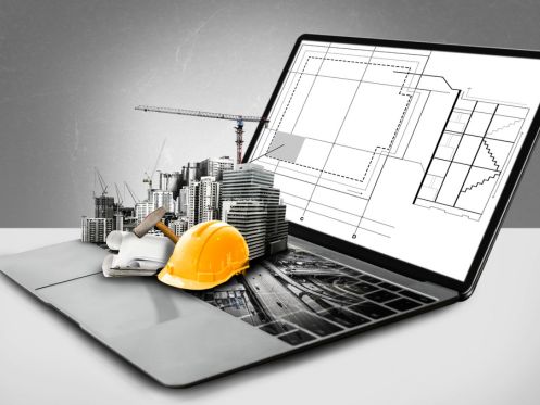 Ilustração de um notebook com projetos de engenharia na tela, um capacete de segurança e prédios surgindo, simbolizando construção e tecnologia.