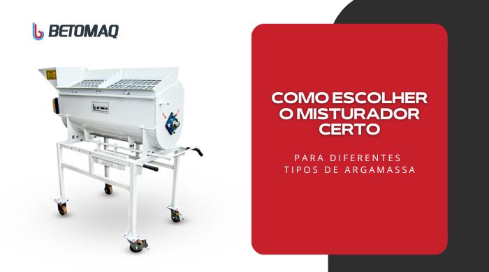 Misturador branco para argamassa com estrutura metálica e rodinhas, posicionado contra um fundo vermelho, ideal para construção civil.