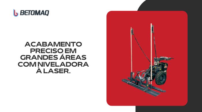 Máquina niveladora a laser usada na construção civil, posicionada sobre fundo vermelho e preto, com estrutura vertical e rodas robustas.