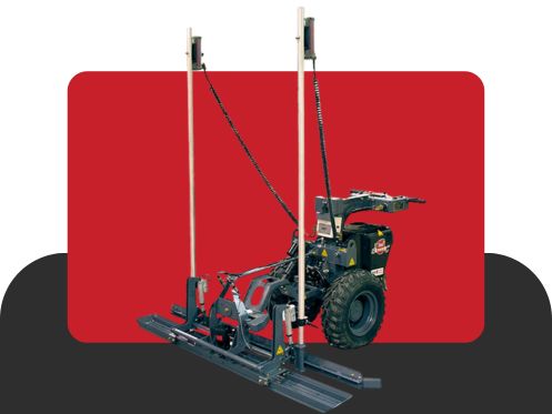 Máquina niveladora a laser usada na construção civil, posicionada sobre fundo vermelho e preto, com estrutura vertical e rodas robustas.