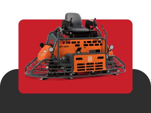 Imagem de uma alisadora de concreto Husqvarna com fundo preto e vermelho, acompanhada do texto sobre acabamento de piso da marca Betomaq.