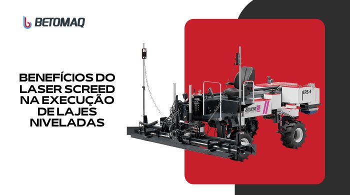 Máquina Laser Screed sobre fundo vermelho, usada na construção para nivelamento preciso de lajes de concreto em grandes áreas.