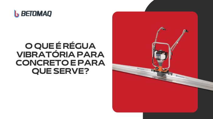 Régua vibratória sobre fundo vermelho, equipamento longo de alumínio com motor central para nivelar concreto em obras.