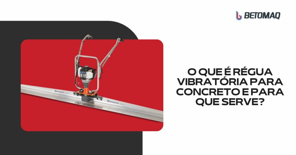 Régua vibratória sobre fundo vermelho, equipamento longo de alumínio com motor central para nivelar concreto em obras.