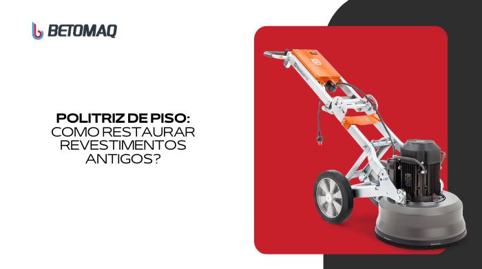 Politriz de piso industrial com motor elétrico, estrutura metálica e rodas, posicionada sobre fundo vermelho.