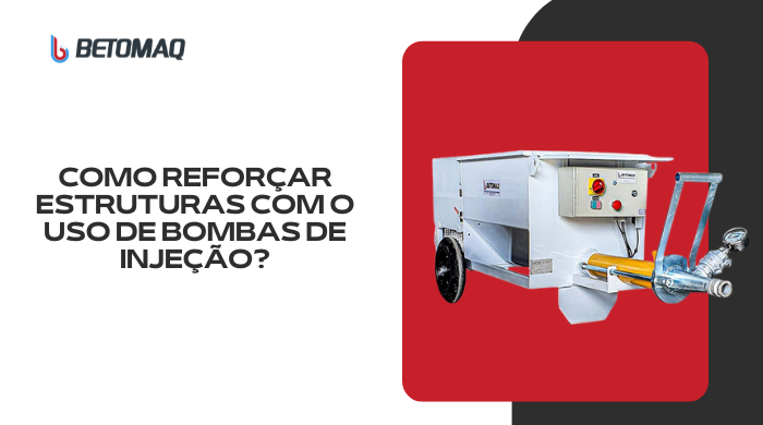Bomba de injeção industrial sobre fundo vermelho, com rodas, painel de controle e mangueira metálica acoplada.