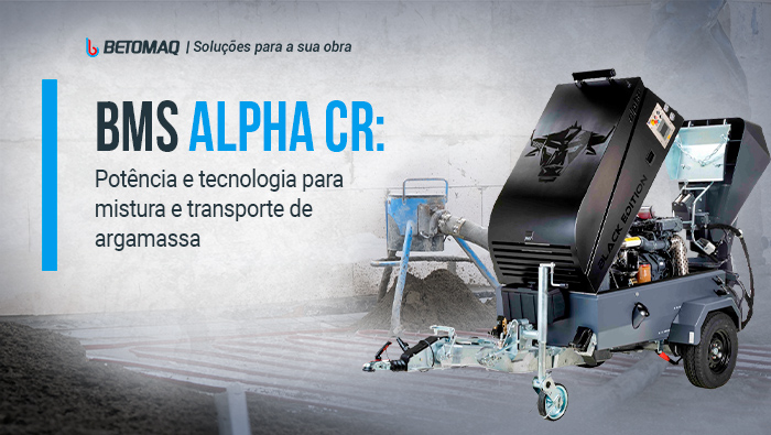 Imagem de uma máquina de bombeamento e transporte de argamassa em obra, modelo moderno e robusto, posicionada sobre piso em preparação.