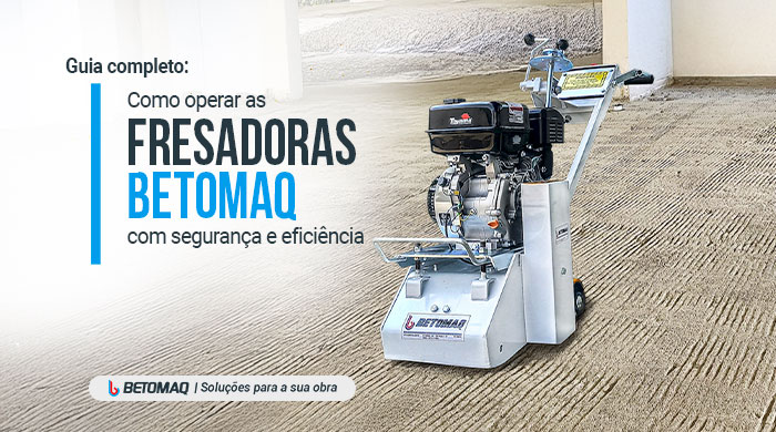 Máquina fresadora Betomaq posicionada sobre piso de concreto, utilizada para nivelar e preparar superfícies em obras.