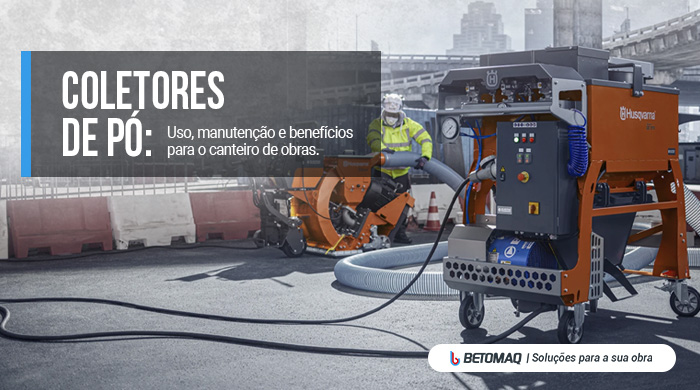 Equipamentos Husqvarna em operação em canteiro de obras, com coletor de pó industrial em destaque e trabalhador utilizando serra ao fundo.