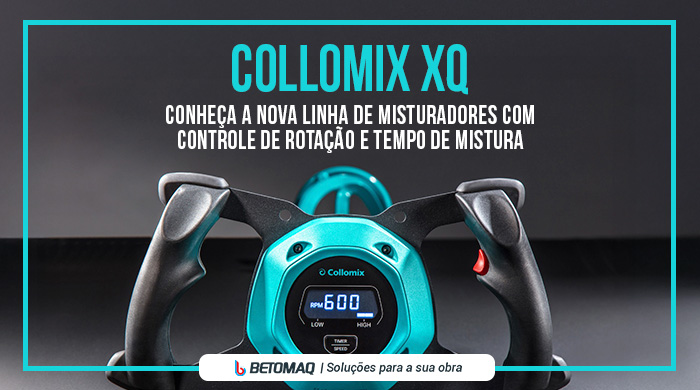 Misturador elétrico Collomix em destaque, com visor digital aceso e alças laterais robustas sobre fundo escuro.