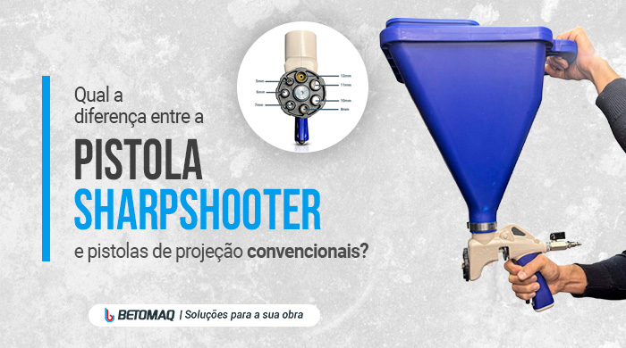 Pessoa segurando pistola de projeção azul com funil acoplado e detalhe técnico dos bicos mostrados em círculo ao lado.