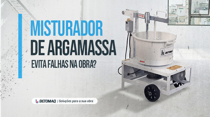 Misturador de argamassa industrial da Betomaq em ambiente interno, com estrutura metálica e rodas para transporte.