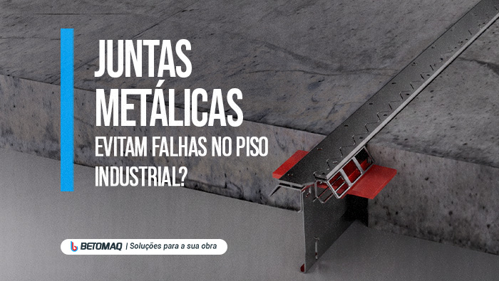 Detalhe de uma junta metálica instalada entre duas placas de concreto, com perfil de aço e componentes de encaixe visíveis.